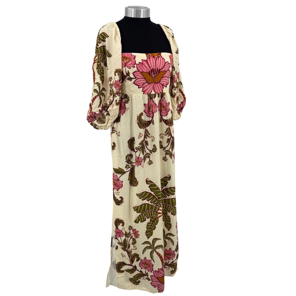 Farm Rio Tropical Floral Palm Tree Puff Sleeve Maxi Dress Cream Pink Green Small - Picture 3 of 16